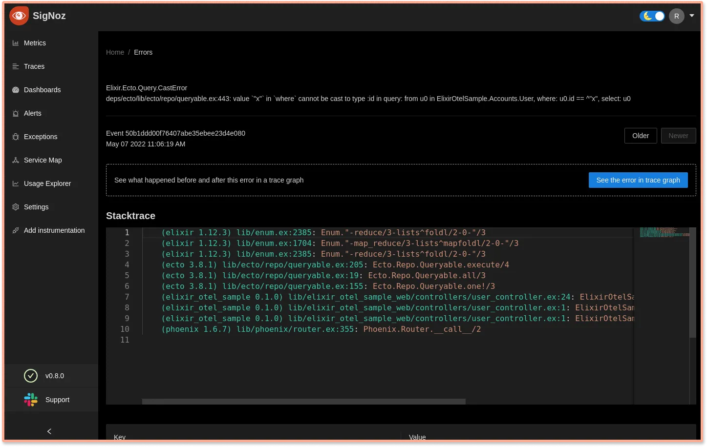 Stacktrace of errors in your Elixir apps in the SigNoz dashboard