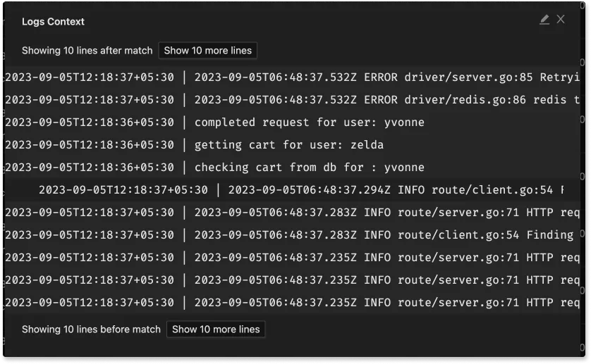 Logs context helps you to check logs before and after the selected log line