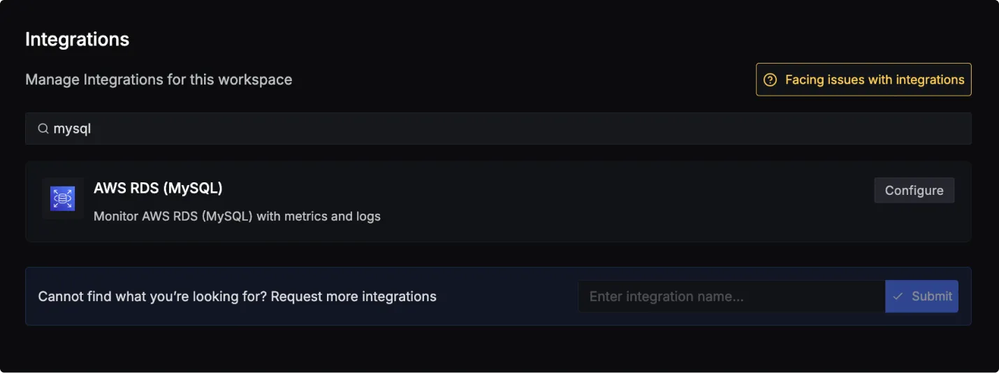 Search for AWS RDS (MySQL) in Integrations tab