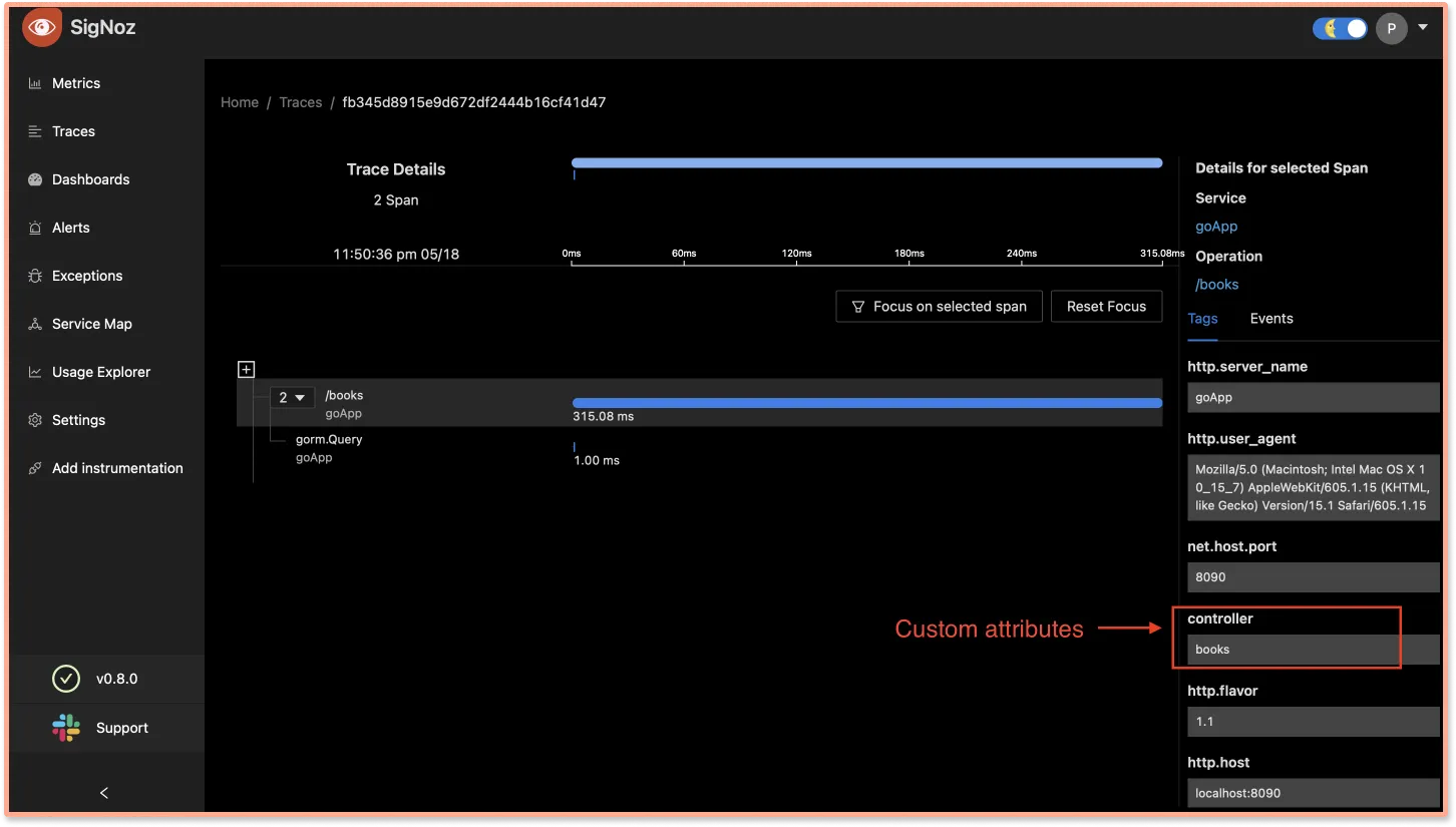 Custom attributes under 'Tags' section on SigNoz trace detail page