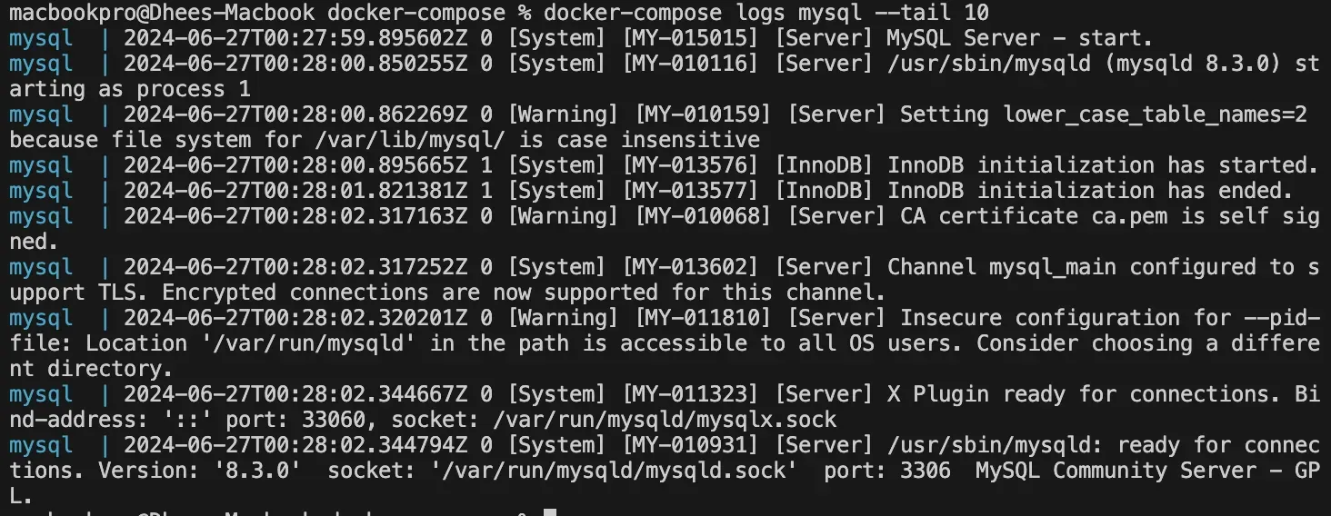 Lat 10 log lines of the MySQL container