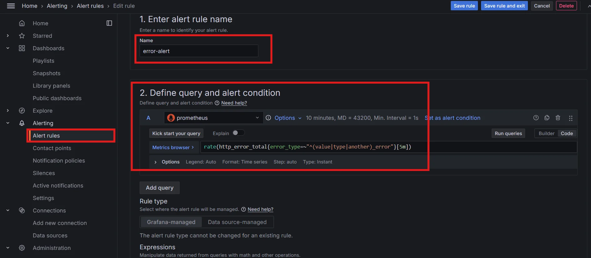 Defining alert rule in Grafana Dashboard