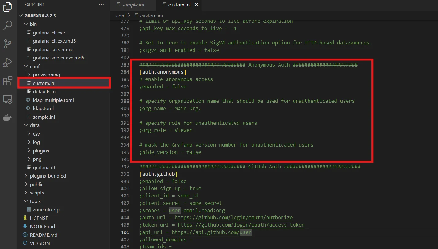 Configure authorization in Grafana Configuration file