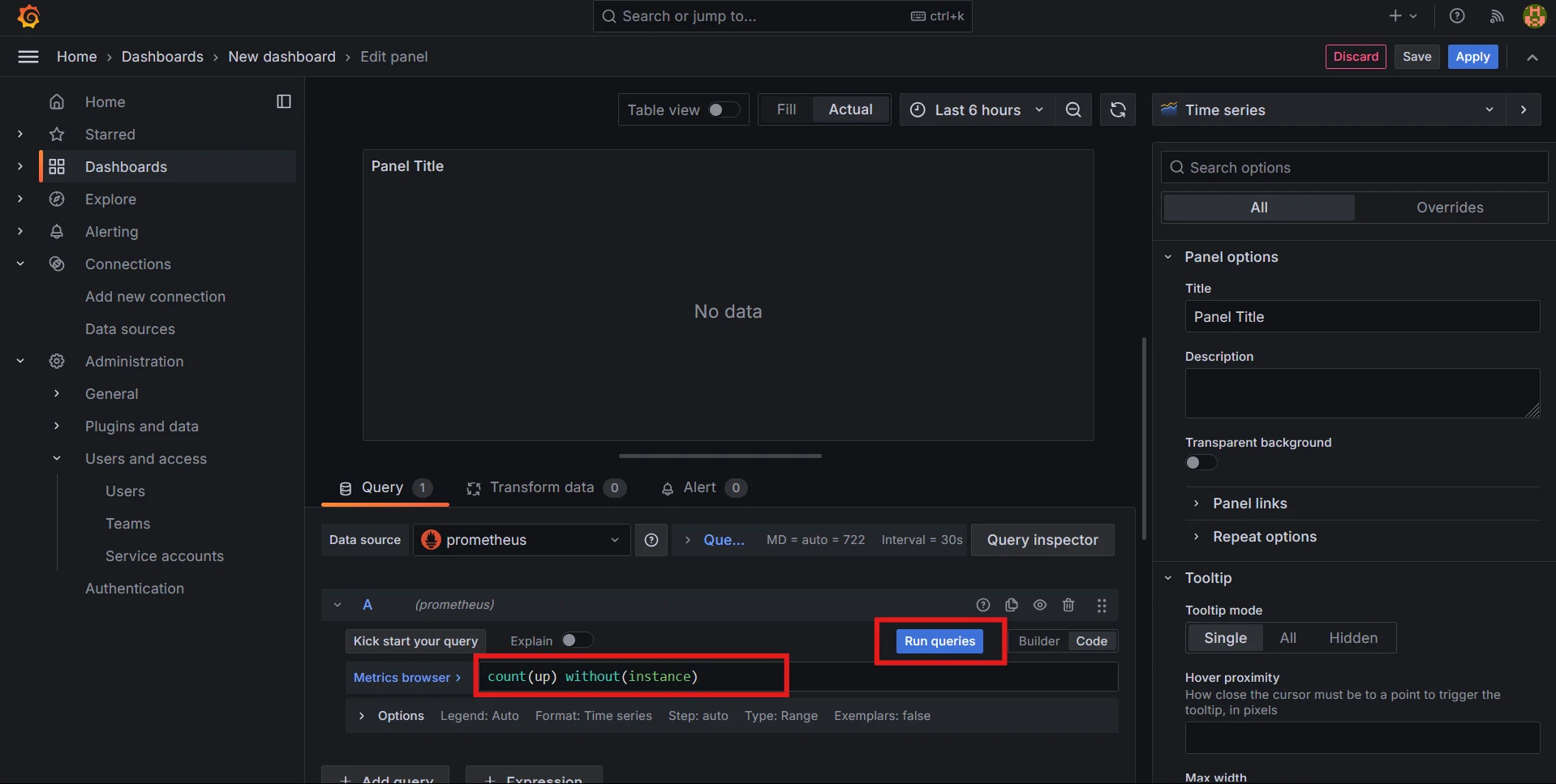 Running PromQL queries in Grafana to see unique label counts.