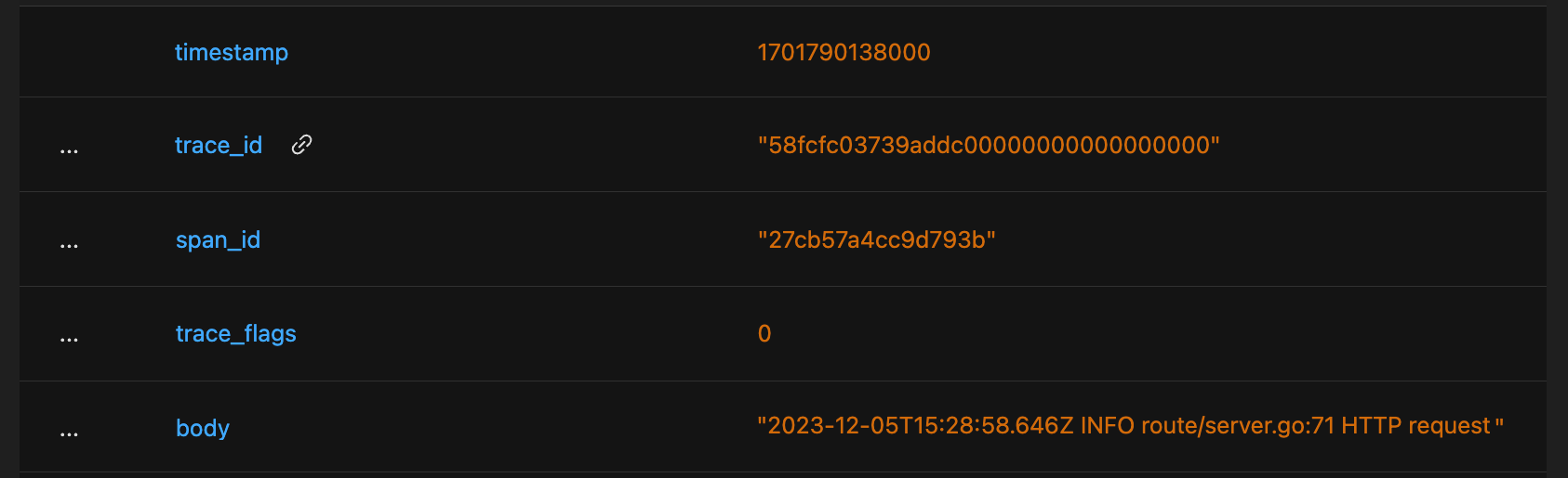 A log with span_id and trace_id fields populated based on log attributes, with trace_id linking to corresponding trace